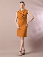 Myshka Women's Mustard Solid Cowl Neck Bodycon Party Dress | Grocsy