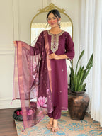 The52 Wine Women's Gorgeous Rayon Fabric Embroidered Work Straight Kurta Pant and Dupatta Set | Grocsy