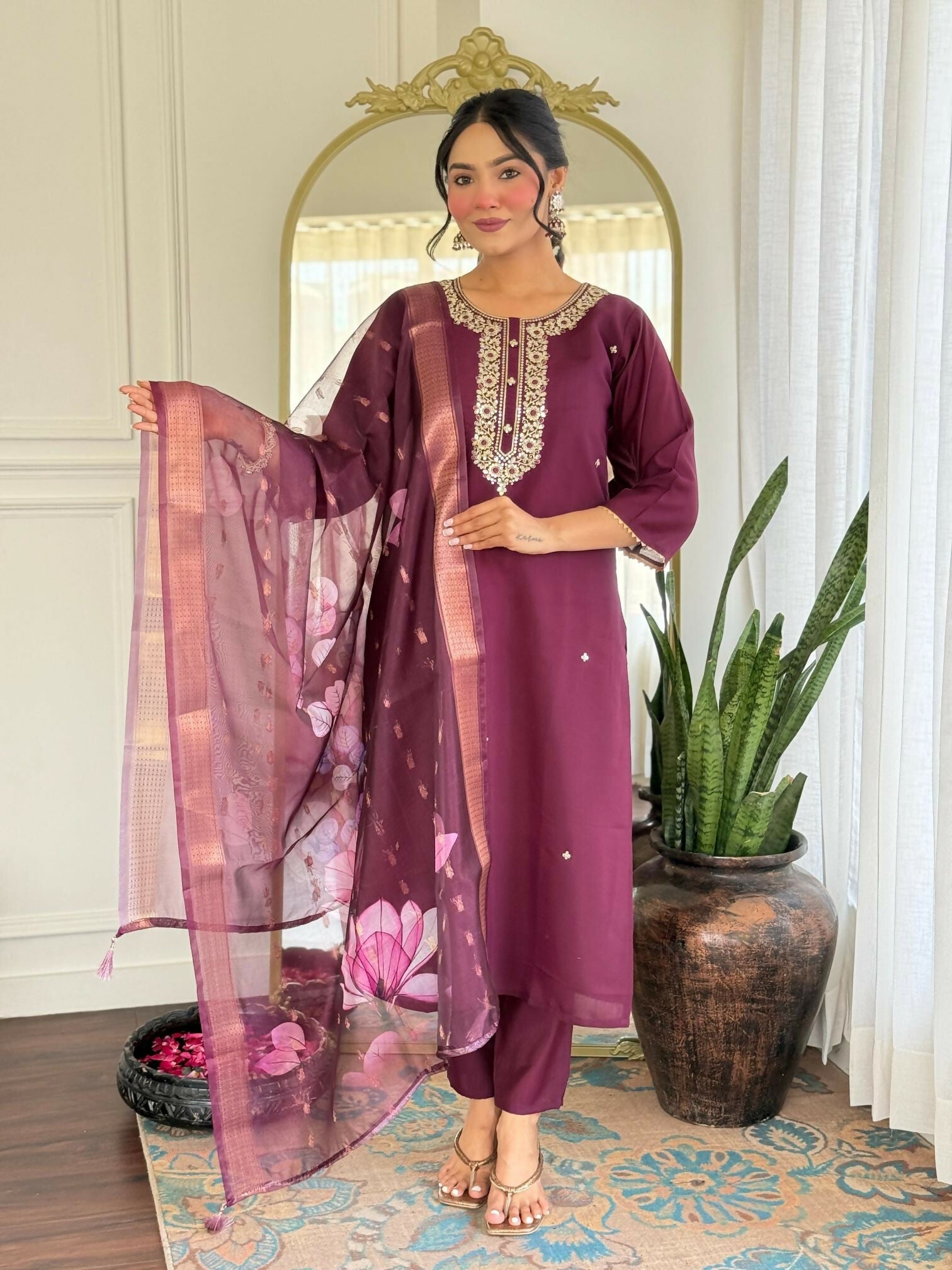 The52 Wine Women's Gorgeous Rayon Fabric Embroidered Work Straight Kurta Pant and Dupatta Set | Grocsy