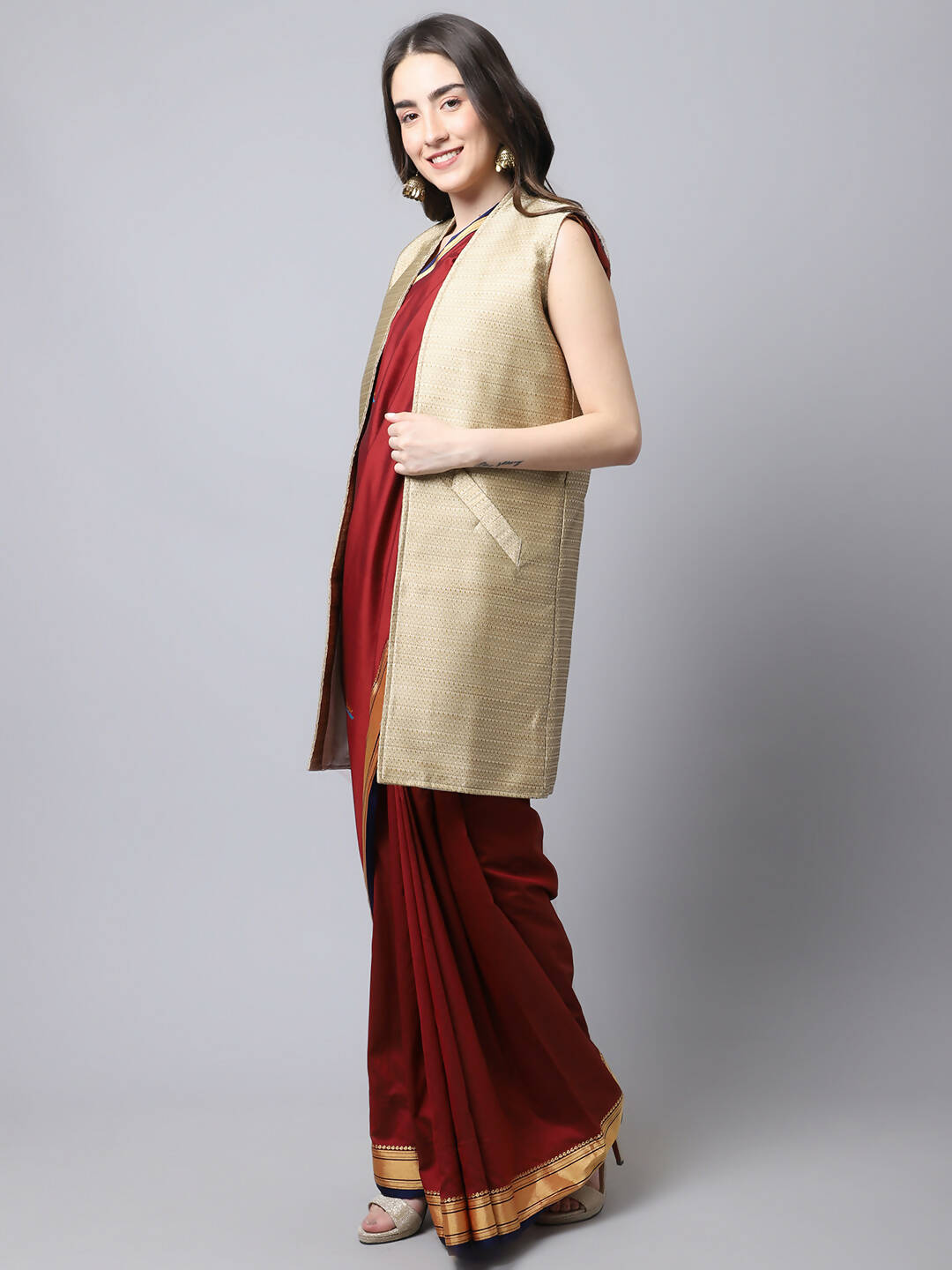 Even Apparels Beige Bansari Silk Open Front Women's Long Coat | Grocsy