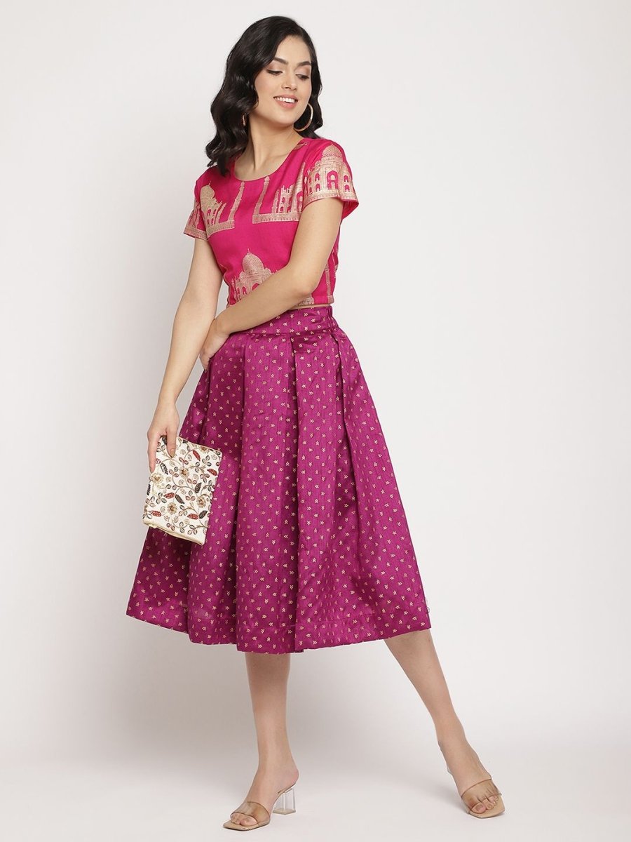 Ahalyaa Women's Pink Poly Silk Gold Foil Print Top With Skirt | Grocsy