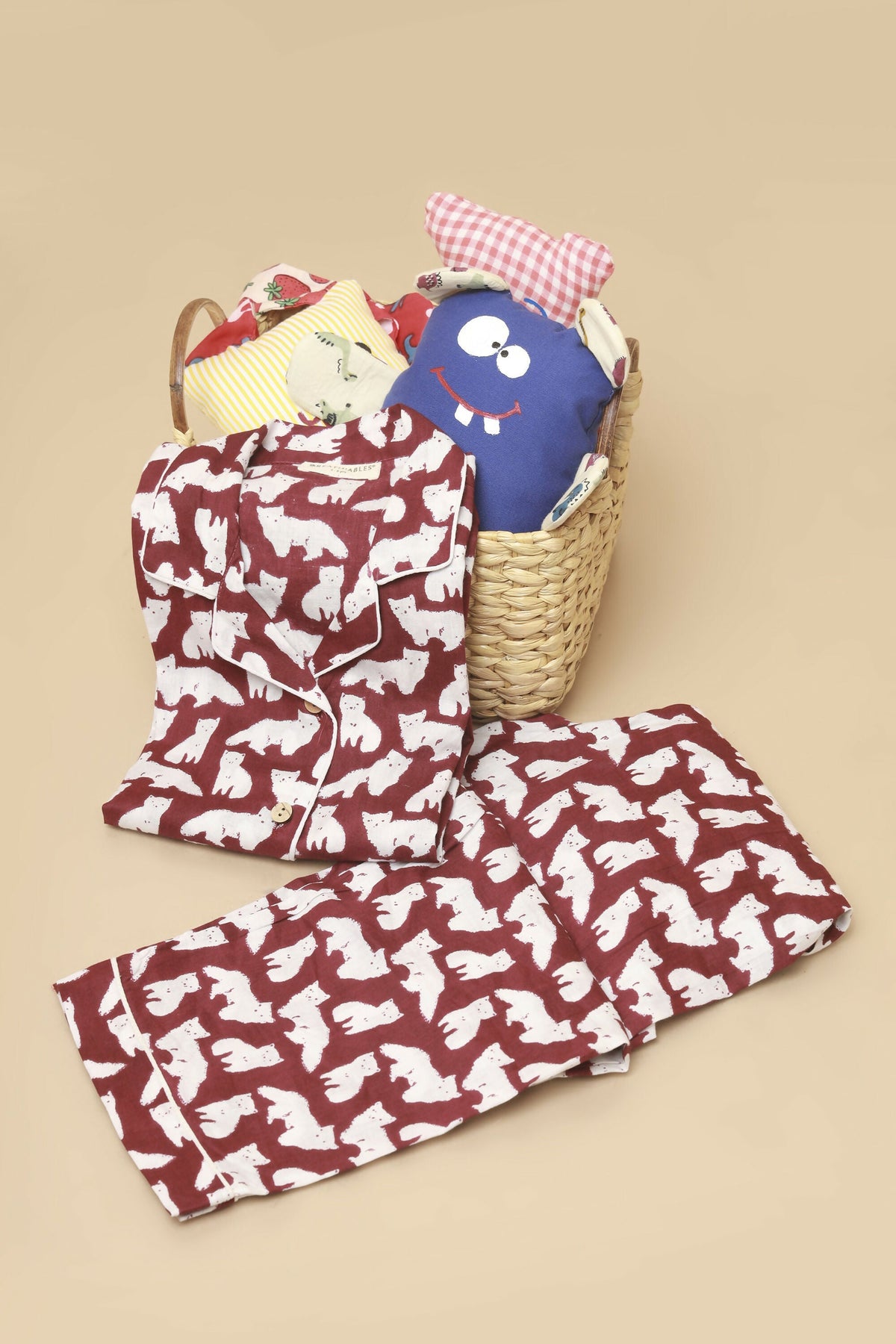 Breathables Kids Cotton Night Suit – Maroon Cat Print Shirt & Pyjama Co-Ord Set For Boys & Girls | Grocsy