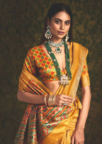 Joban Fashion Yellow-Firoji Velvet Tussar Silk with Foil Print Saree | Grocsy