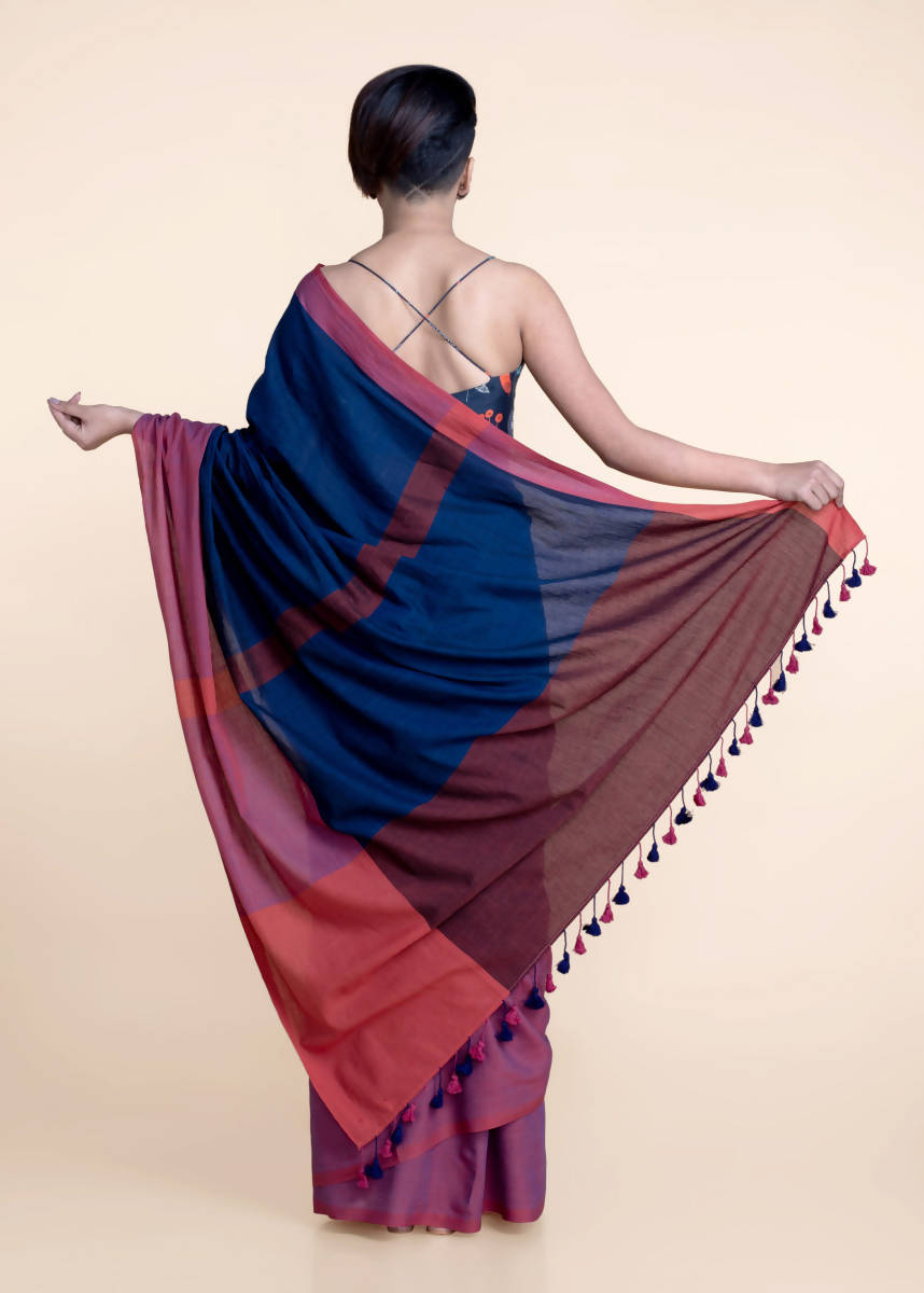 Suta Navy Blue Pink Colourblocked Mul Saree | Grocsy