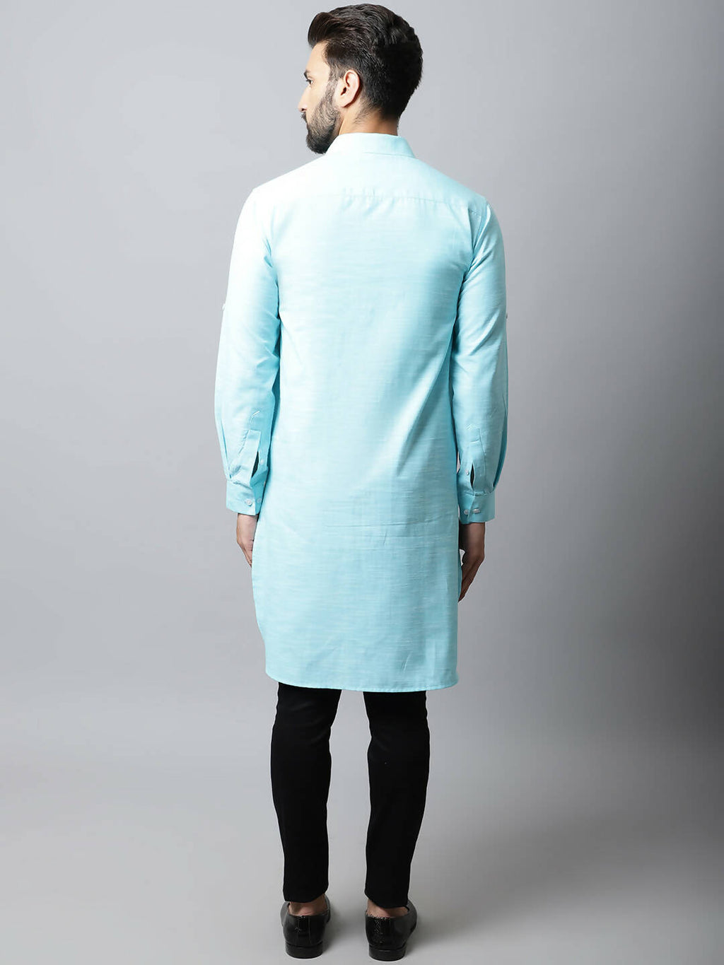 Even Apparels Blue Color Pure Cotton Solid Men's Kurta With Shirt Collar (SLD1132) | Grocsy