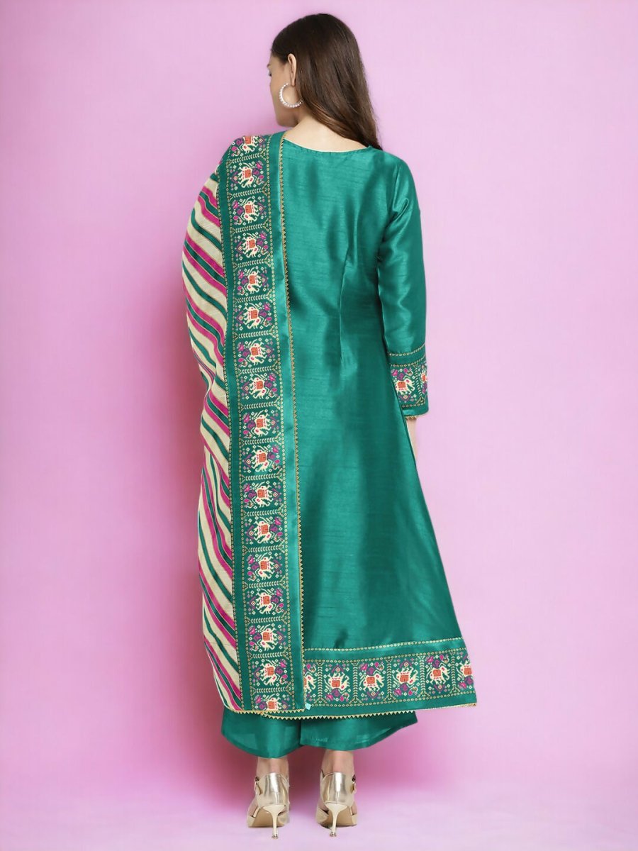 Ahalyaa Women Sea Green Printed Gotta Patti Kurti with Palazzos & Dupatta - Sea Green | Grocsy