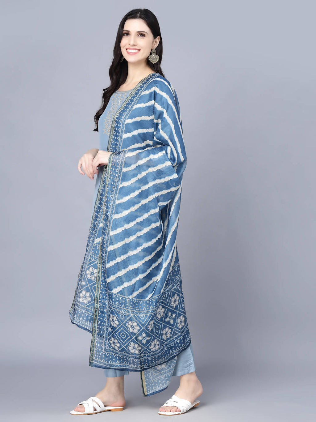 Myshka Women Blue Ethnic Motifs Panelled Kurta with Trousers With Dupatta | Grocsy