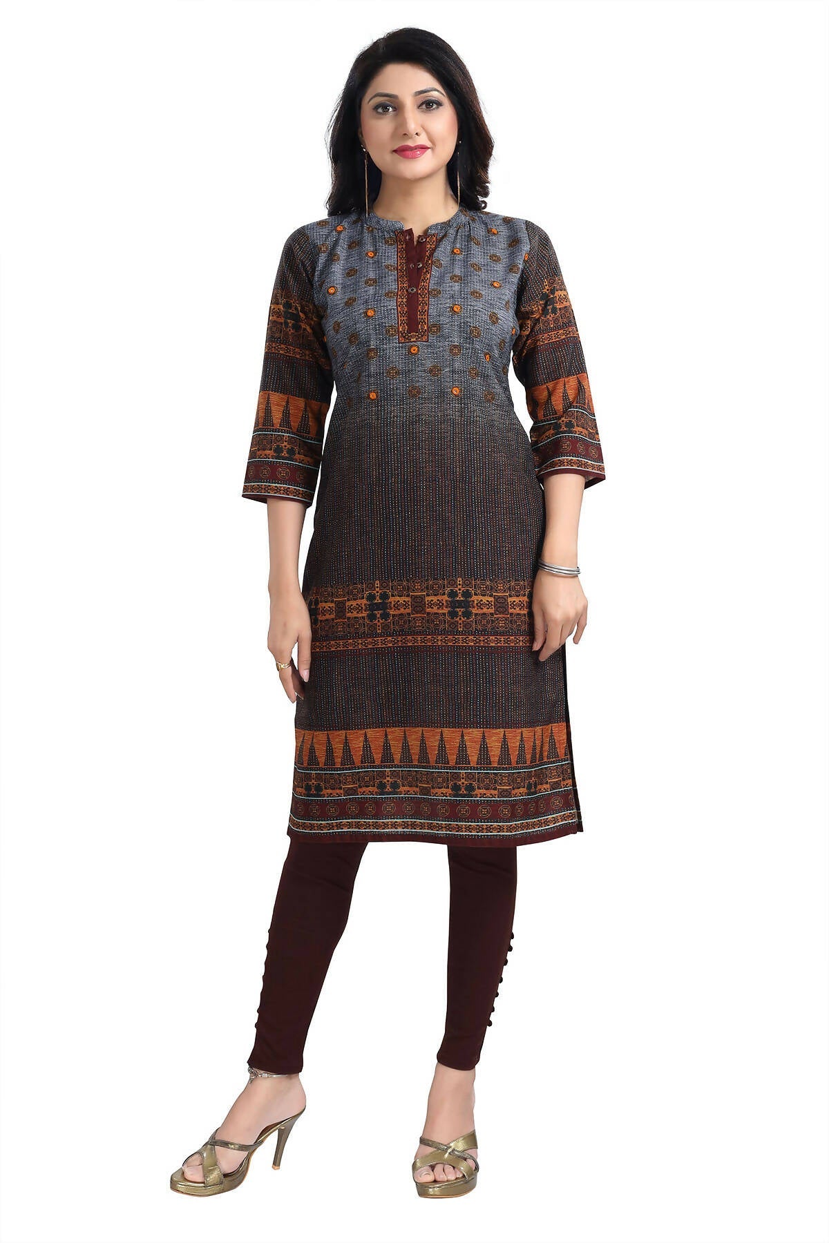 Snehal Creations Beautiful Brown Designer Print Cotton Slub Long Kurti Tunic | Grocsy