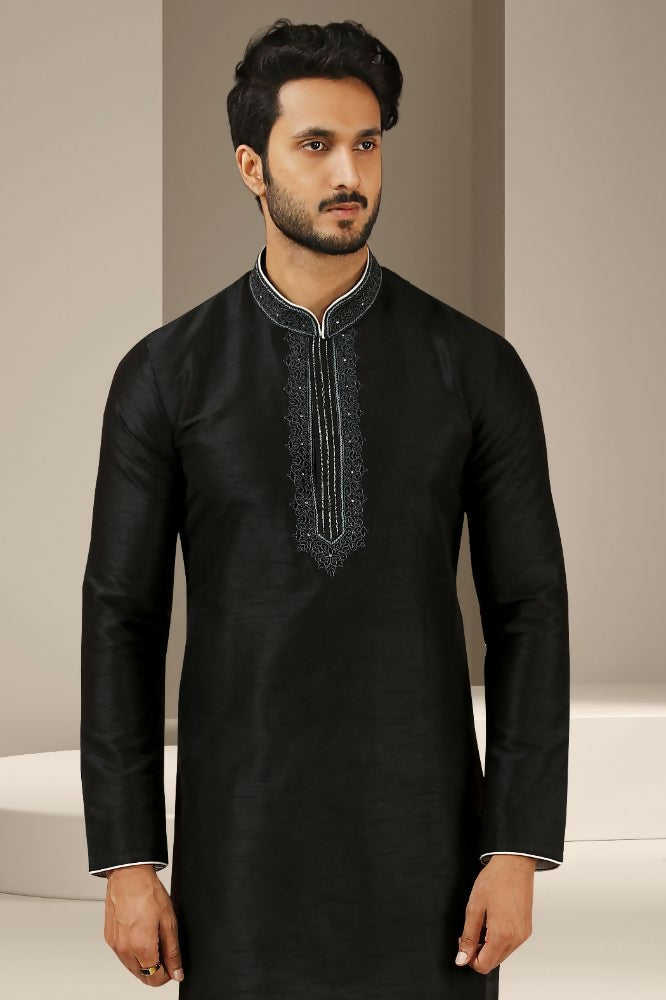 Raivat Ethnic Banarasi Art Silk Thread Work Kurta Pajama In Black Colour | Grocsy