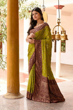 Joban Fashion Grass Green Crepe Chiffon Pure Handloom Banarasi Silk Saree | Grocsy