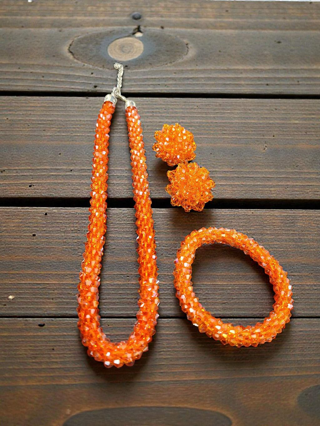 Inhanns Complete Look Crystal Statement 3-Piece Set (Adjustable Necklace + Earrings + Adjustable Bangle ) - Orange | Grocsy