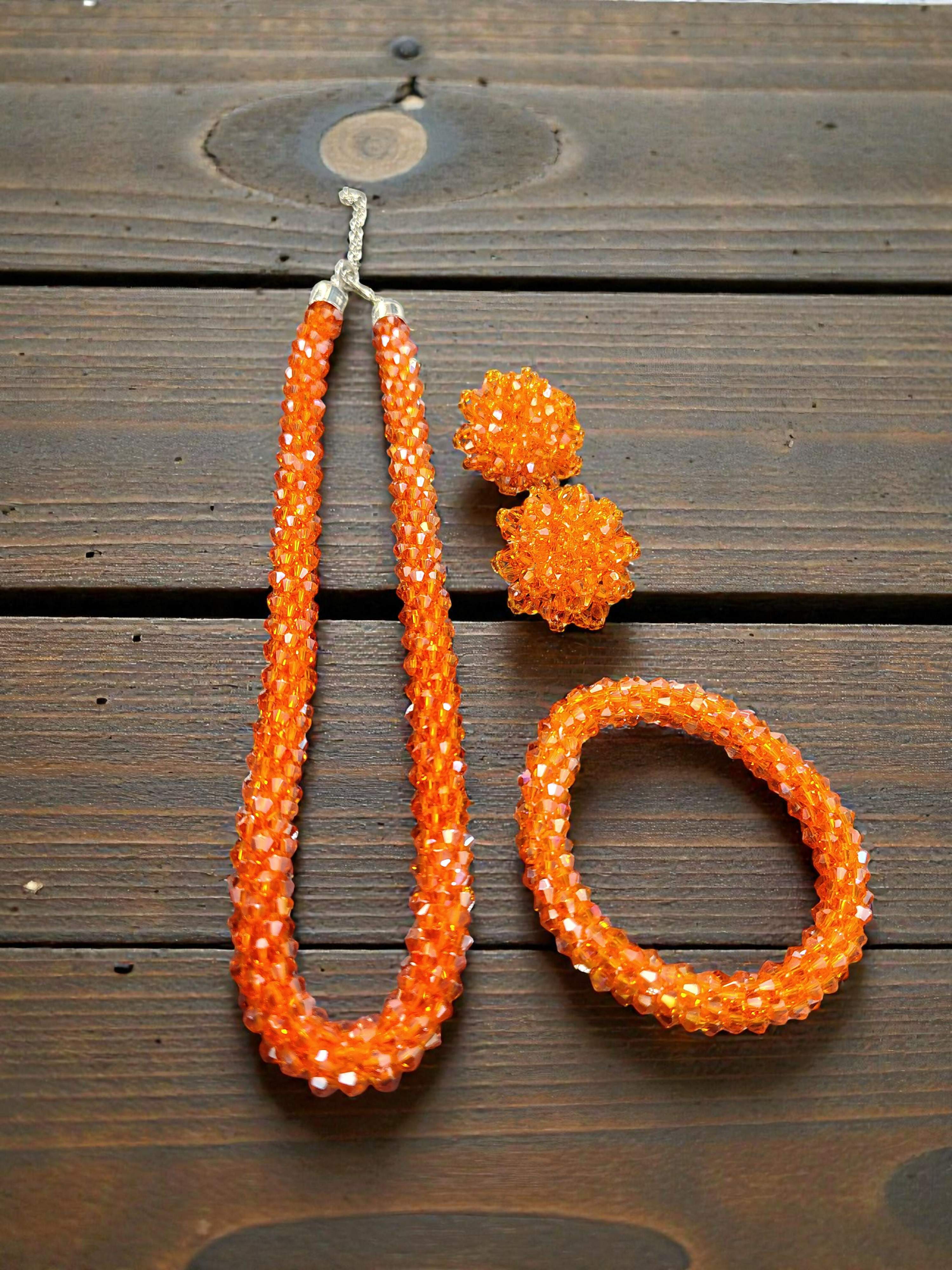 Inhanns Complete Look Crystal Statement 3-Piece Set (Adjustable Necklace + Earrings + Adjustable Bangle ) - Orange | Grocsy
