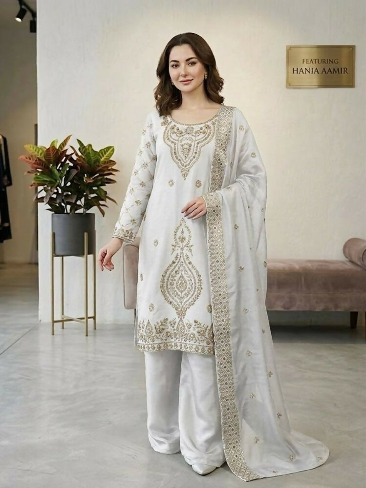 Teeya Creation White Color Gimmychu Silk Embroidery Work Wedding Wear Salwar Suit | Grocsy