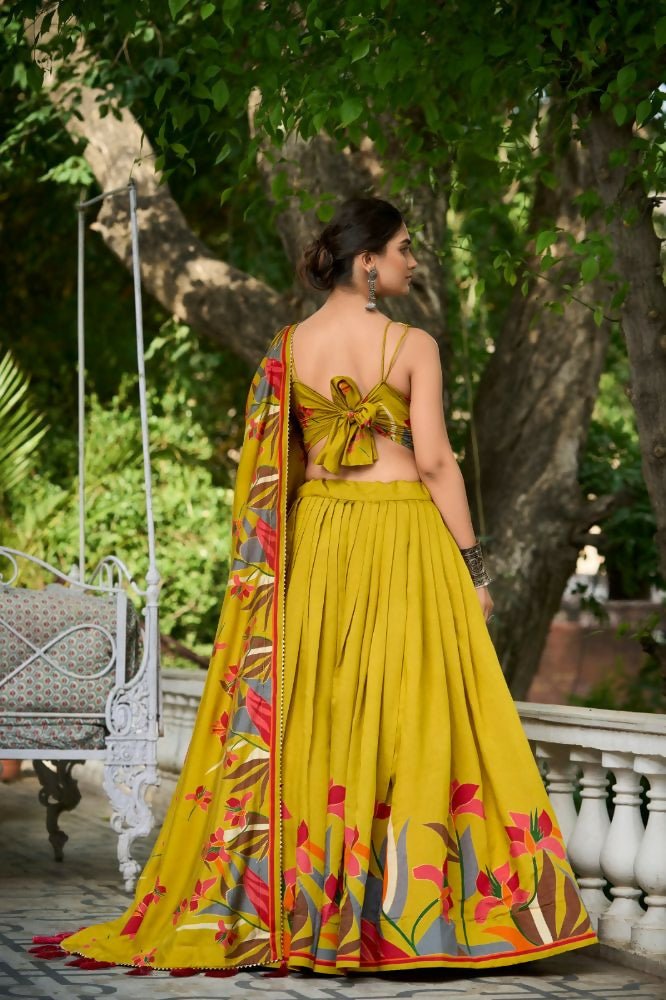 Vastranavya Polyester Viscose Chanderi Lehenga Choli With Intricate Print And Dupatta - Mustard | Grocsy
