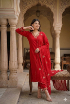 Teeya Creation Designer Red Ethnic Suit Set With Floral Hand-Embroidered Borders Dupatta | Grocsy