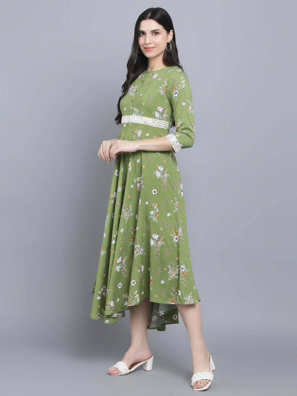 Myshka Women Green Floral Midi Dress | Grocsy