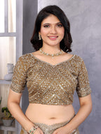 Vastranavya Beige Embroidery Work Shimmer Chiffon Saree with Unstitched Blouse | Grocsy