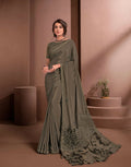 Brown Colored Crepe Embroidered Saree With Unstitched Blouse - Norita Raissa | Grocsy