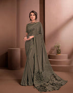Brown Colored Crepe Embroidered Saree With Unstitched Blouse - Norita Raissa | Grocsy