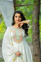 Joban Fashion White Chinnon Silk Sequence Embroidery Work Readymade Kurta Set | Grocsy