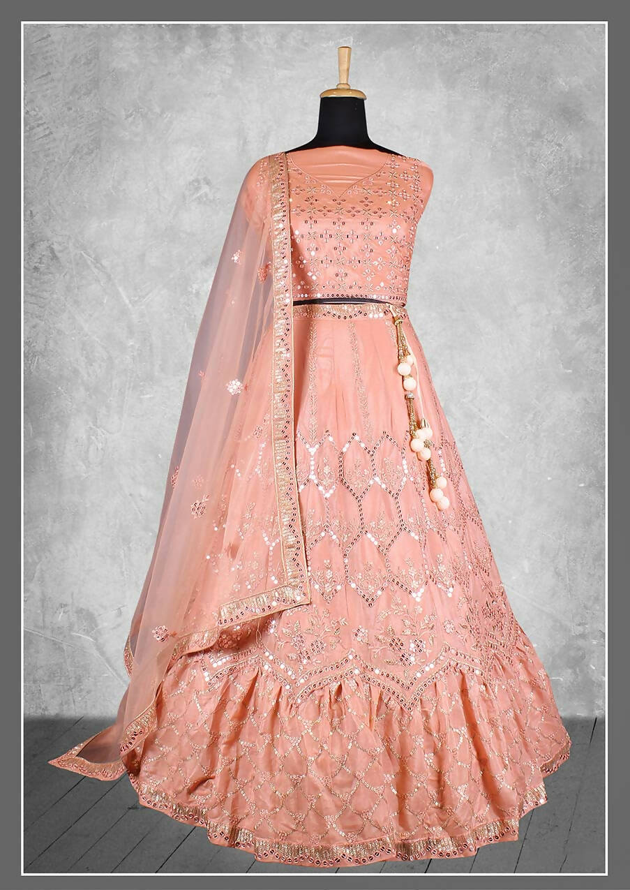 Peach Satin Silk Sequins and cord embroidery, cut work Bridal lahenga Choli with Dupatta - Nimaya Pavitra Rista | Grocsy