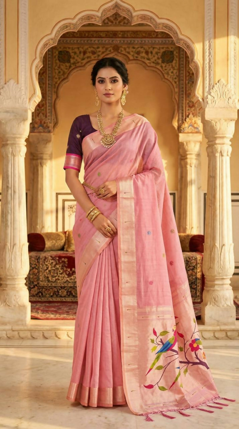 Vastranavya Pink Muga Cotton Meenakari & Munia Weaving Pallu Saree with Contrast Blouse | Grocsy