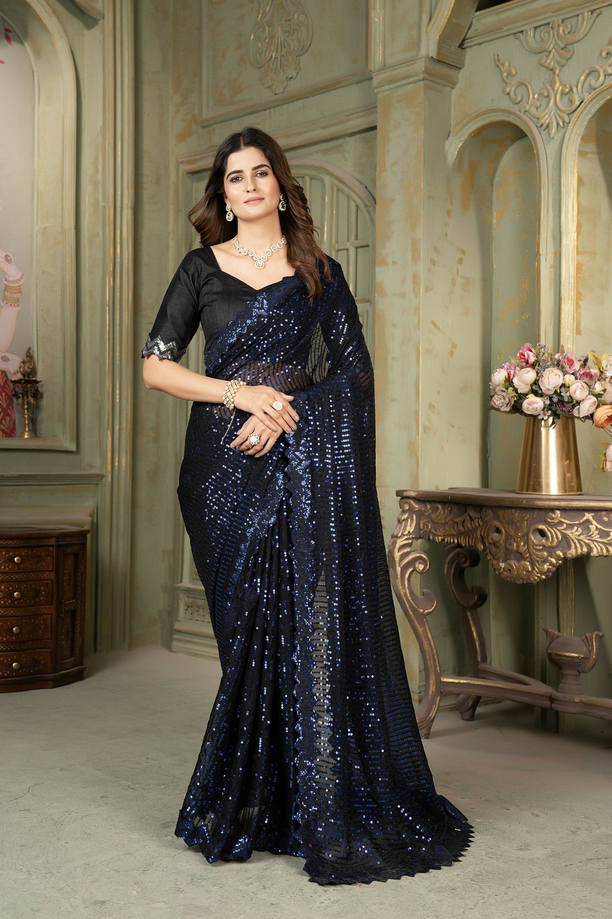 Dishitha Creation Indian Women's Designer Georgette Sequence Saree - Blue | Grocsy