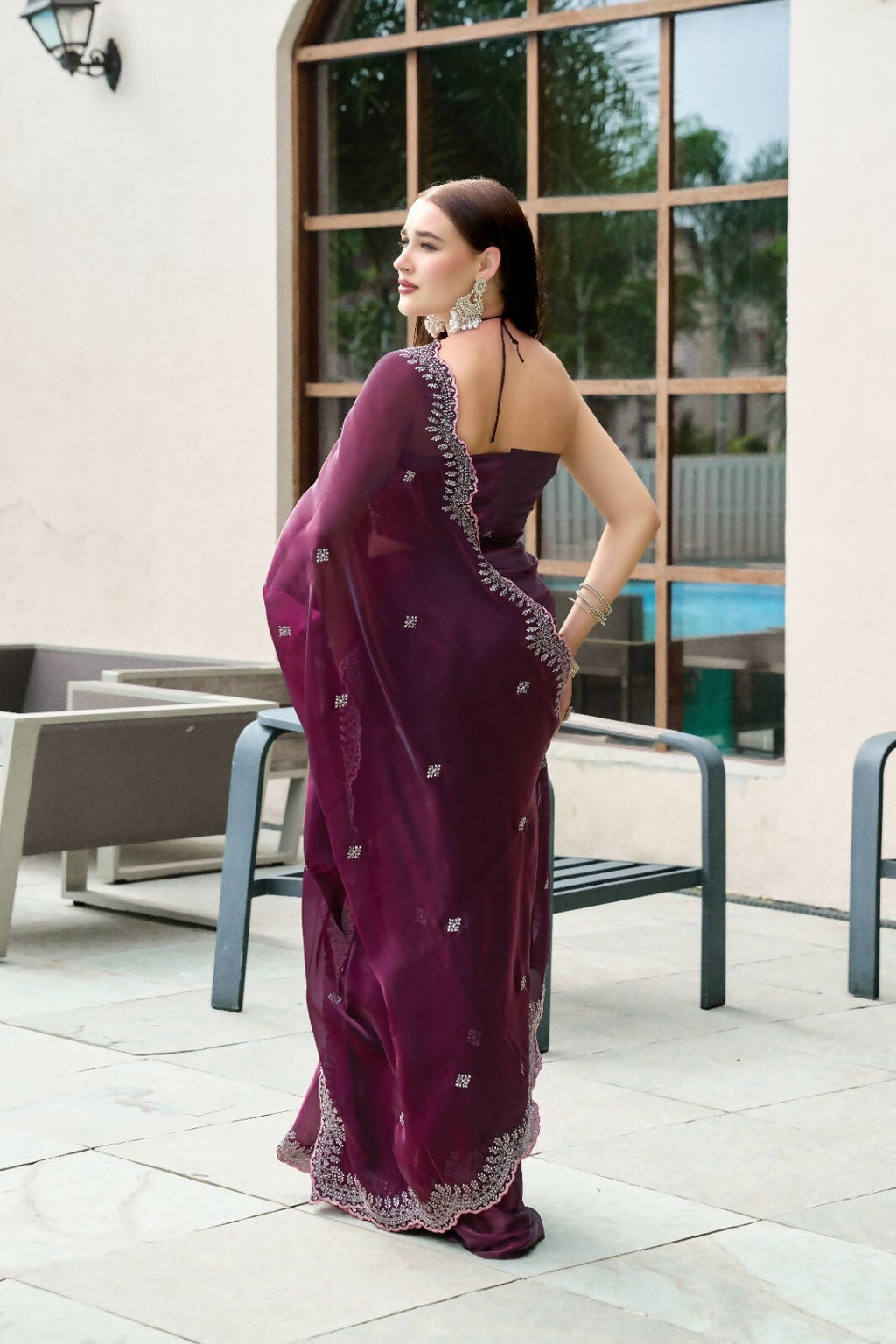 Vastranavya Wine Embroidery Work Shimmer Chiffon Saree with Unstitched Blouse | Grocsy