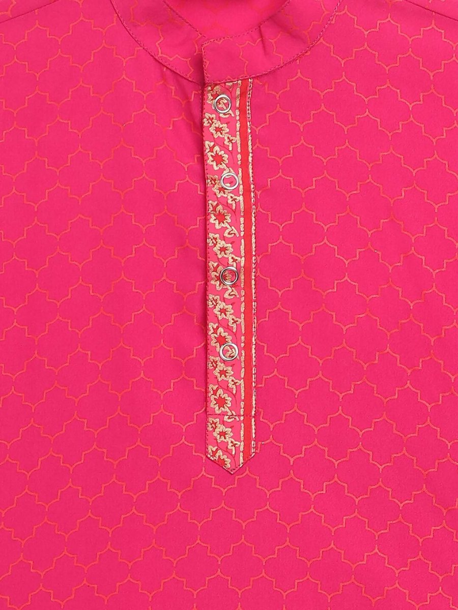 Ahalyaa Pink Crepe Orange Khari Print Kids Kurta Churidar Set For Boys | Grocsy
