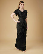 Black Imported Crush Solid Ready to Wear Saree with stitched Blouse - Aayan | Grocsy