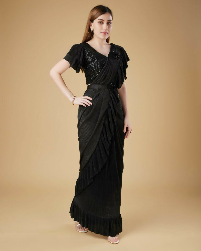 Black Imported Crush Solid Ready to Wear Saree with stitched Blouse - Aayan | Grocsy