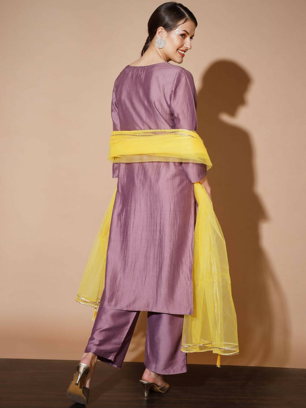 Myshka Mauve Solid Kurta & Palazzos With Dupatta | Grocsy