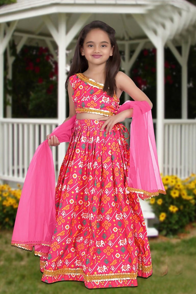 Aayaa Designer Printed Silk Pink Kids Lehenga Choli - Pink | Grocsy