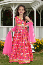 Aayaa Designer Printed Silk Pink Kids Lehenga Choli - Pink | Grocsy