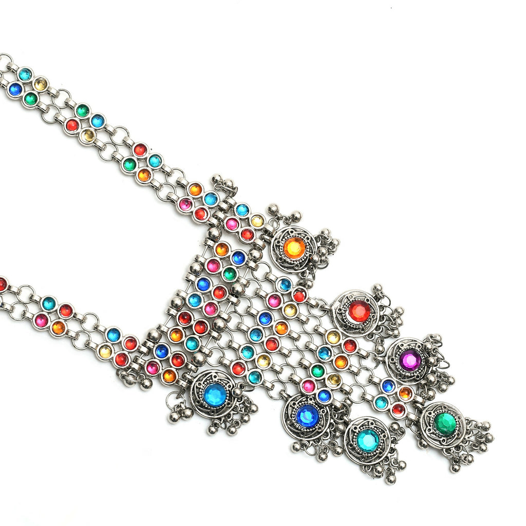 Mominos Fashion Johar Kamal Oxidised Silver-Plated Brass Finish Multi Kundan Afghani Long Necklace For Women | Grocsy
