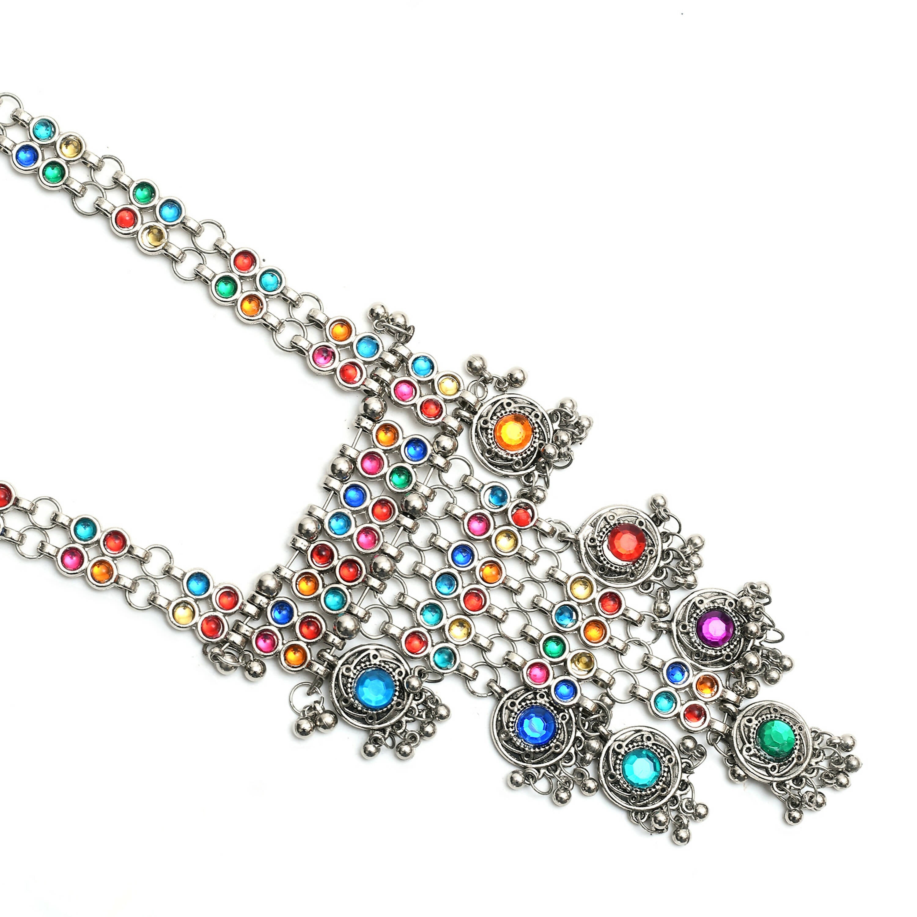 Mominos Fashion Johar Kamal Oxidised Silver-Plated Brass Finish Multi Kundan Afghani Long Necklace For Women | Grocsy