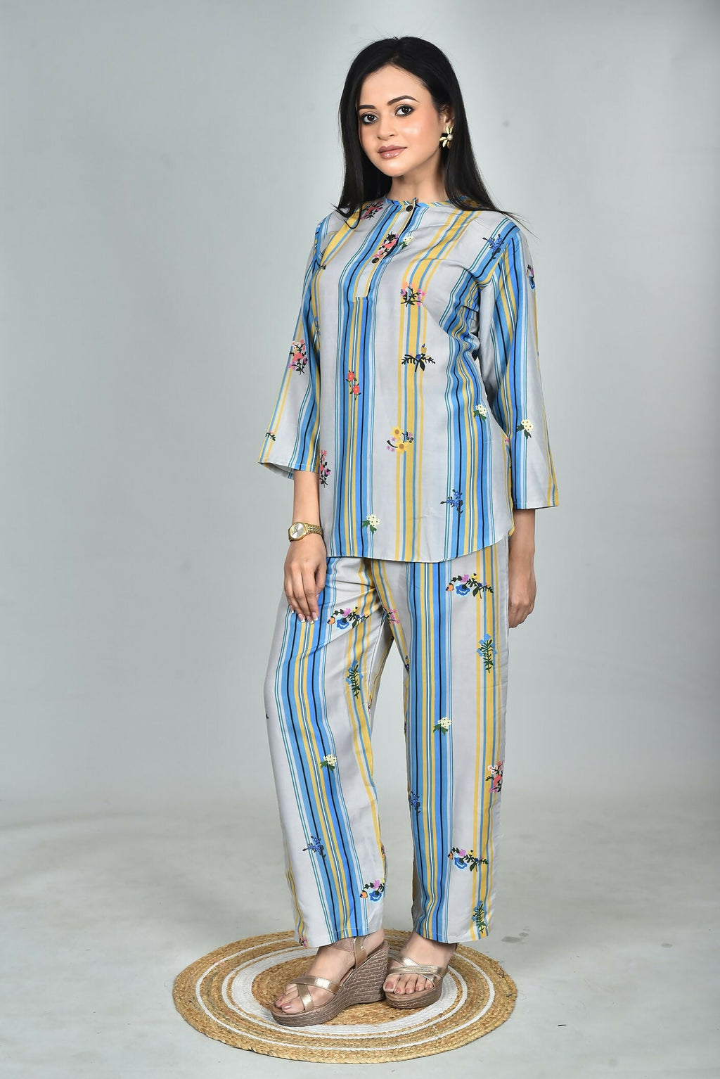 Morchari Digital Print Semi Muslin Co-Ord Set Top & Trouser-Multicolor | Grocsy