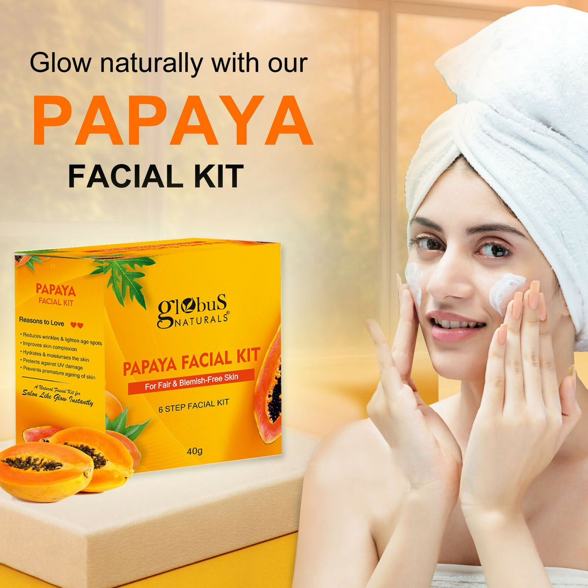 Globus Naturals Papaya Facial Kit For Blemish Free Skin & Anti-Pigmentation, 6 Steps | Grocsy