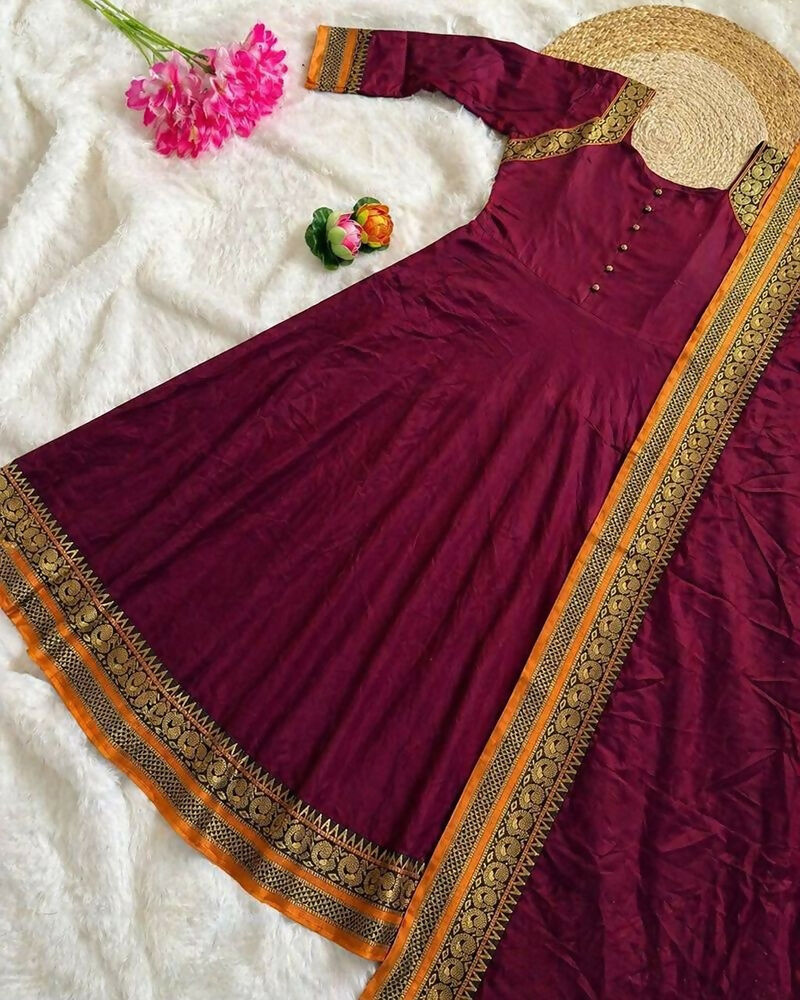 Teeya Creation New Trendy Stylish Wine Solid Anarkali Kurta with Traditional Golden Border Dupatta Set | Grocsy