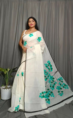 Exclusive Collection Beautiful White Green Pure Cotton Hand Print Handloom Saree With Running Blouse Piece | Grocsy