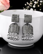 VOJ Black-Toned AD Studded Square Dome Shaped Jhumka Earrings