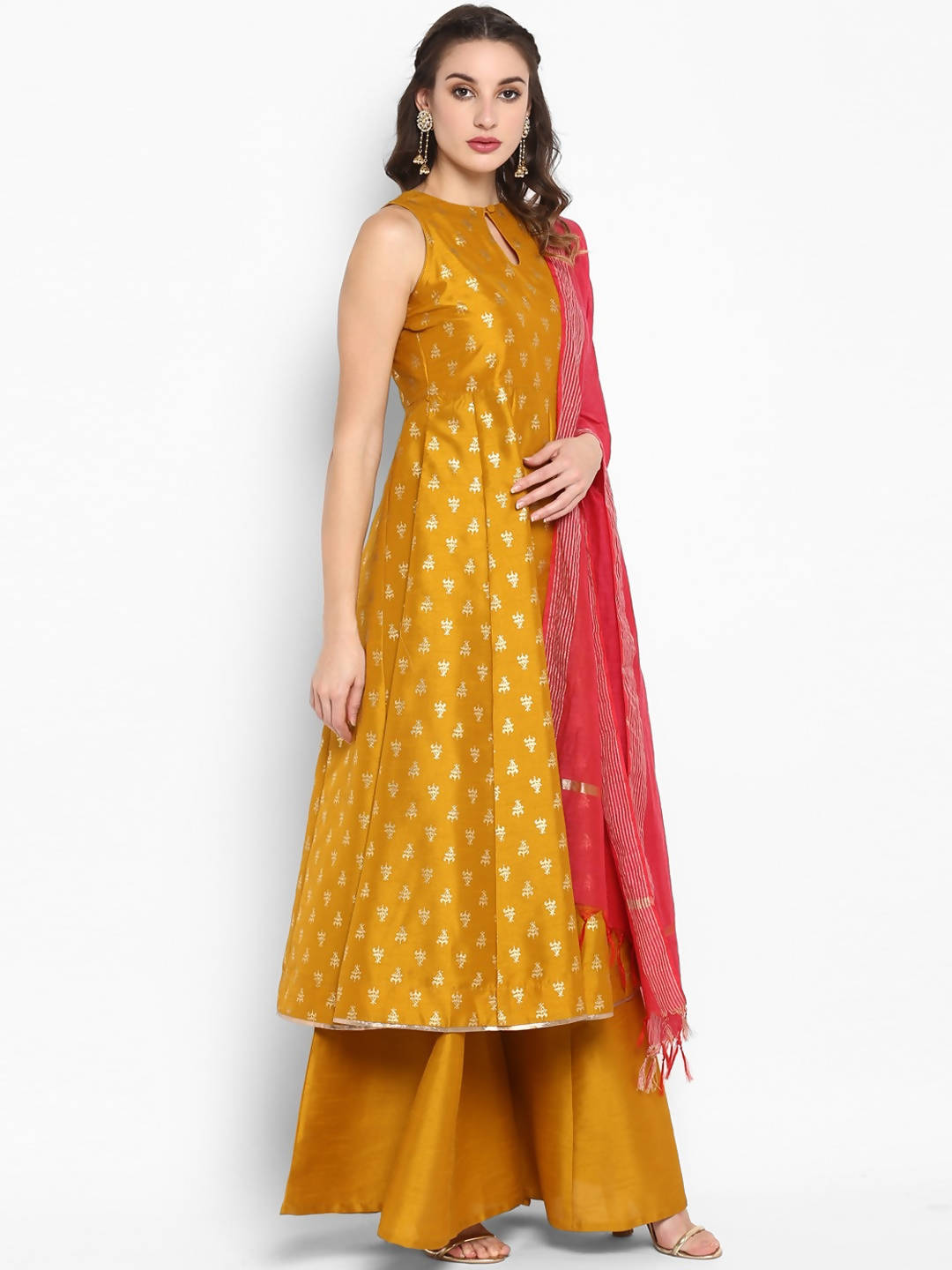 Janasya Women Mustard Yellow Printed Kurta with Palazzos & Dupatta | Grocsy