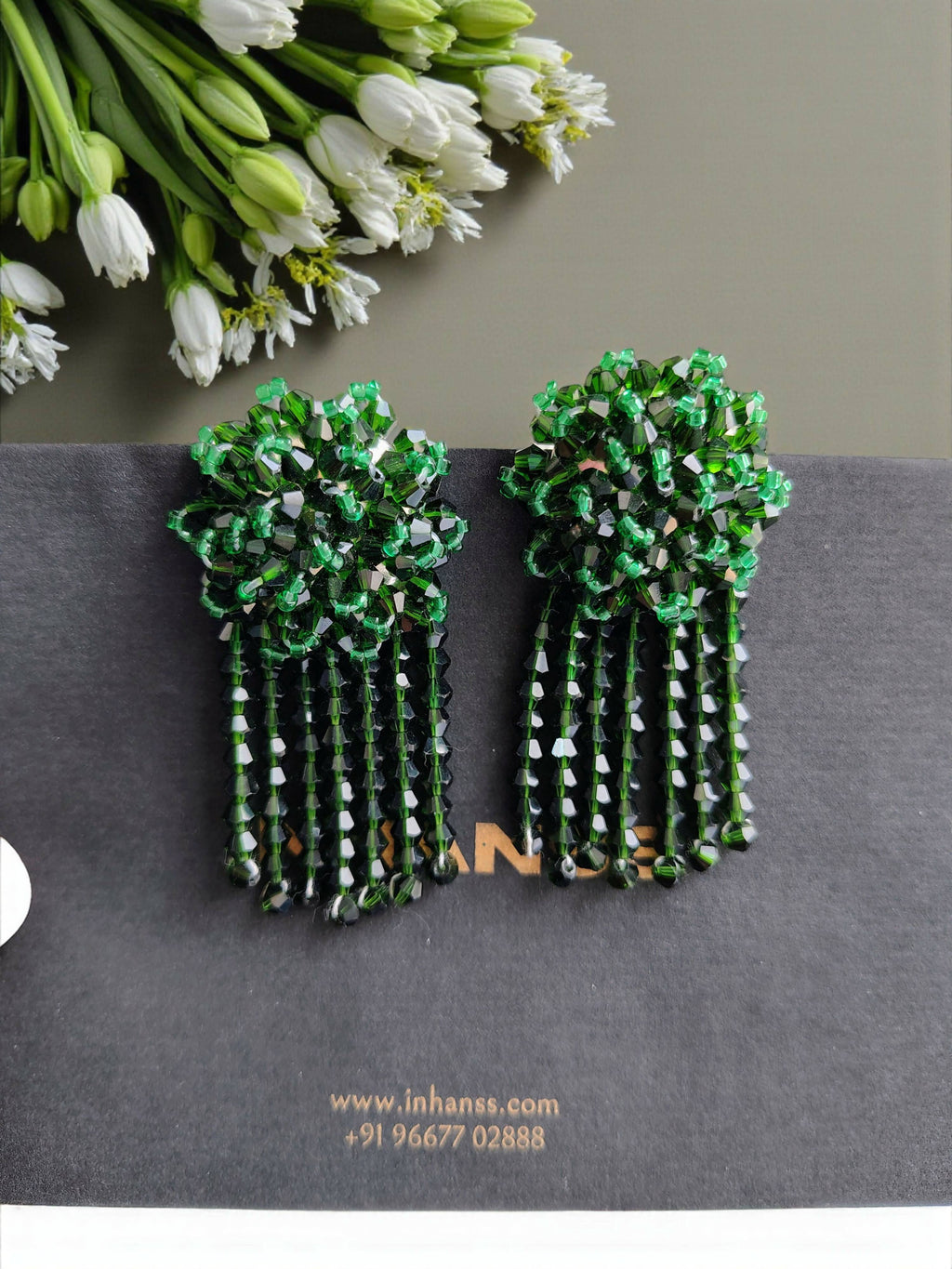 Inhanns Handmade Crystal Water Fall Earrings - Short - Dark Green Small | Grocsy