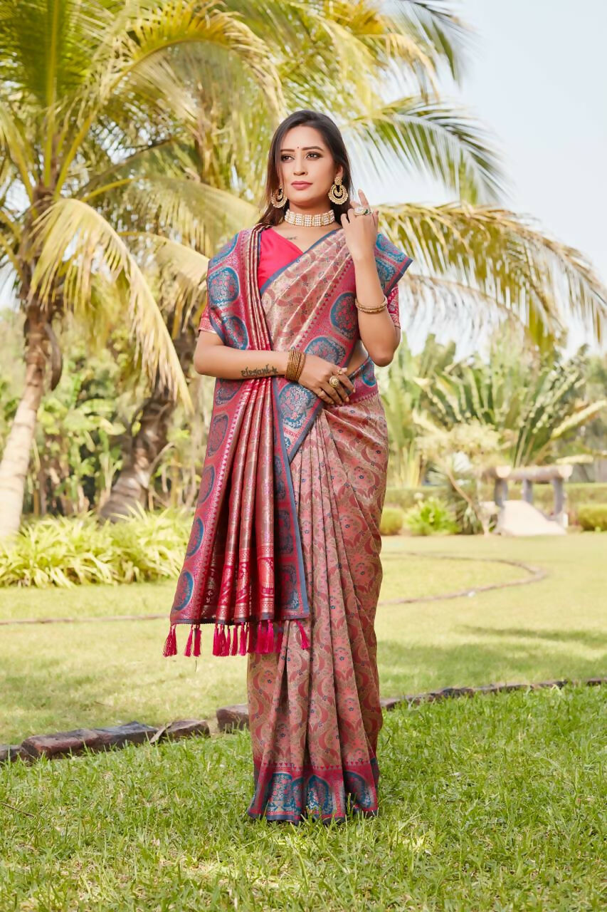 Vastranavya Boutique Collection Kanjivaram Soft Silk Saree With Unstitched Blouse - Coral | Grocsy