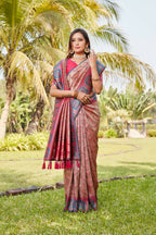 Vastranavya Boutique Collection Kanjivaram Soft Silk Saree With Unstitched Blouse - Coral | Grocsy