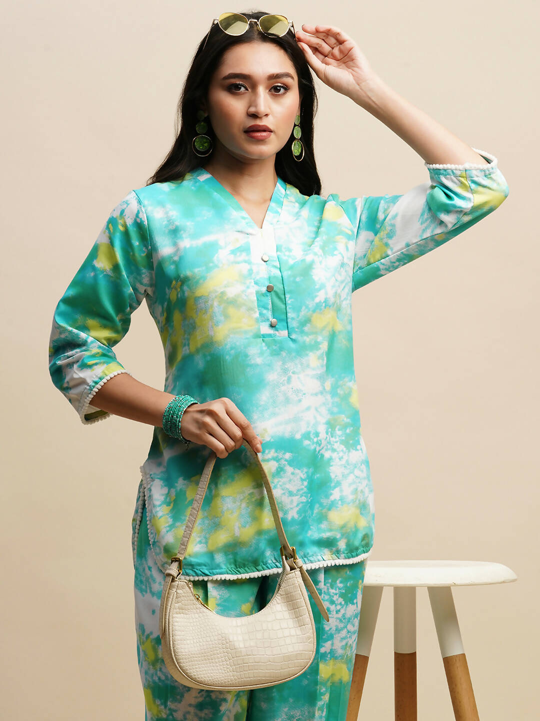Sky Blue Poly Rayon Tie and dye Printed Top with Matching Trouser - Shivani | Grocsy