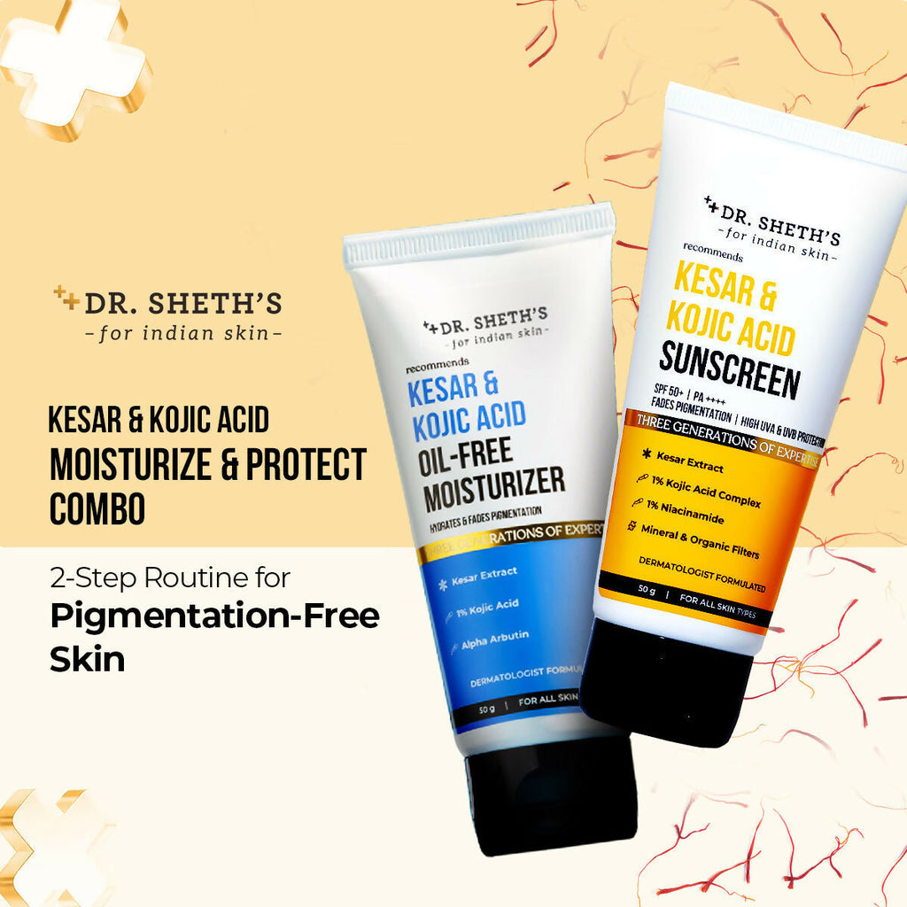 Dr. Sheth's Kesar & Kojic Acid Sunscreen & Oil-Free Moisturizer Combo - Hydrates & Fades Pigmentation | Grocsy
