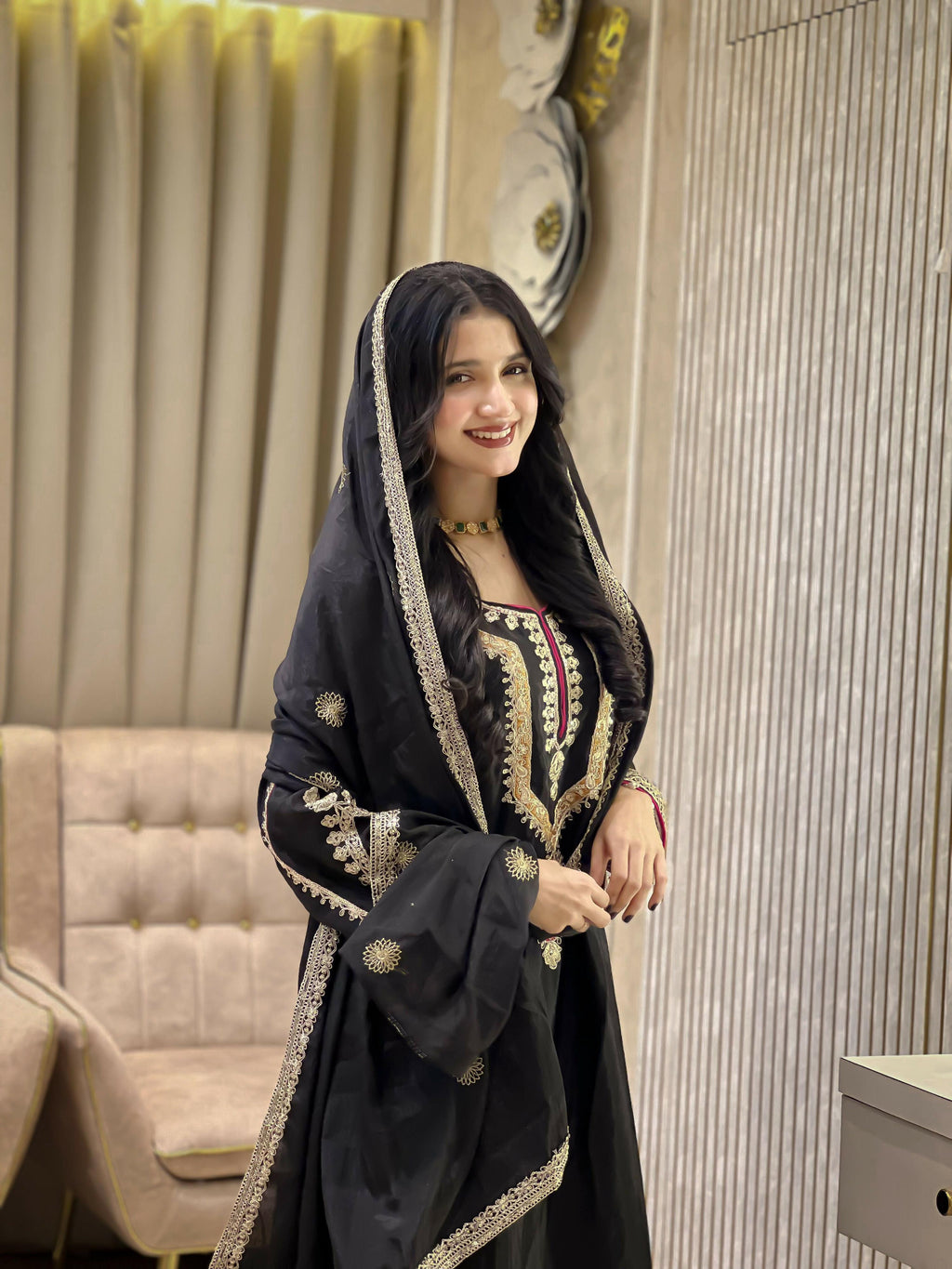 Teeya Creation Black Color Chinon Silk Party Wear Trending Palazzo Set | Grocsy