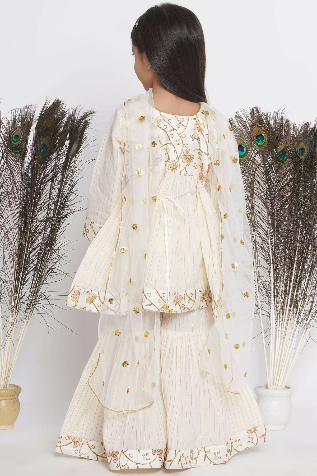 Little Bansi Floral Embroidery Jacket With Cotton Lurex Frock Sharara And Dupatta With Ghungroo Handwork - Cream | Grocsy