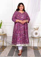 Miravan Women's Plus Size Cotton Gota Patti And Lace Border Details Floral Printed Purple Anarkali Kurta | Grocsy
